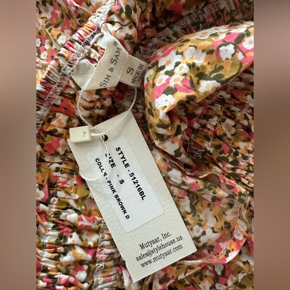 NWT Sim & Sam Pink Orange Brown Floral Smocked Ruffled Cami Spaghetti Strap Sz S - Picture 9 of 9